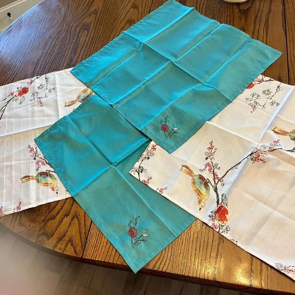 Lenox White Placemats and Napkins with Teal Trim and Multicolor Bird Motif